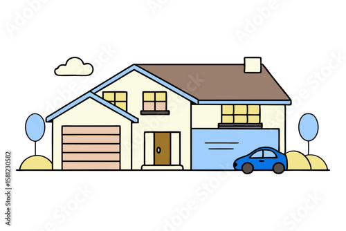 Contemporary Family House with Garage on White Background