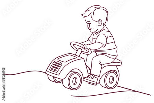 Happy Toddler on Toy Vehicle in Clean White Background