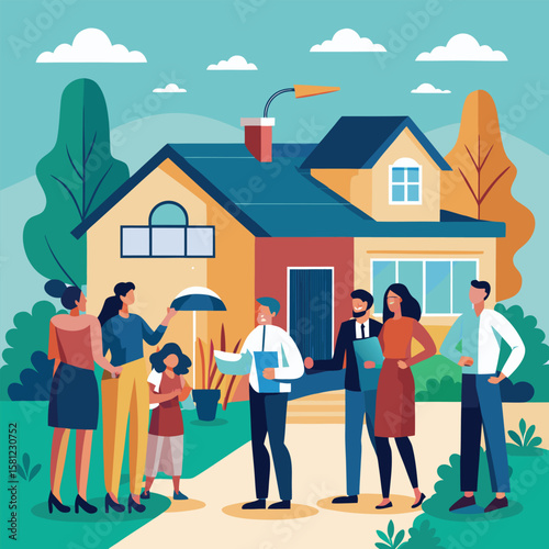 Potential homebuyers meeting a real estate agent in front of a new house