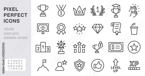 Award and recognition line icon set. Trophy, medal, crown, certificate, podium minimal vector illustrations. Simple outline signs for success and achievement. 48x48 Pixel Perfect. Editable Stroke