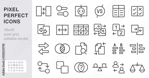 Comparison line icon set. Side-by-side compare, slider, A B test, file merge minimal vector illustrations. Simple outline signs for UI contrast analysis. 48x48 Pixel Perfect. Editable Stroke