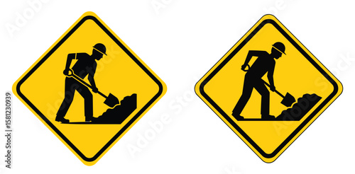 Road work ahead sign construction site warning symbol caution street maintenance traffic safety hazard danger 