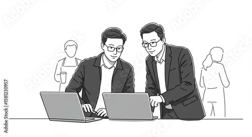 Two businessmen collaborating on a project using laptops. Professional colleagues discussing work in a modern office. Black and white line art illustration.