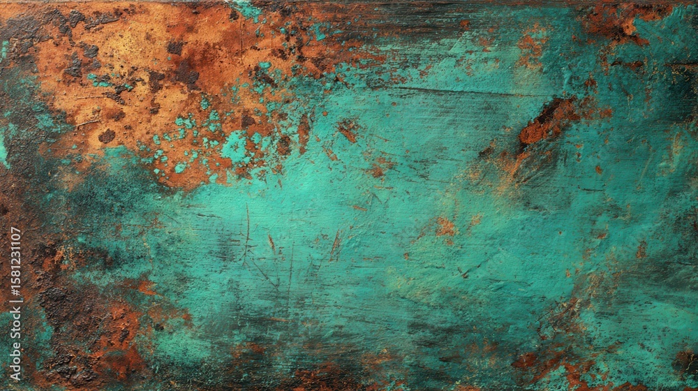 Obraz premium Weathered metal surface with scratches and a vibrant turquoise and rust texture, ideal for highlighting industrial design and grunge aesthetics.