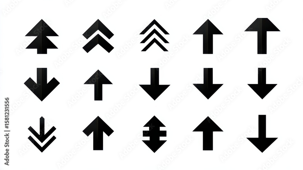 Black arrows icons. Modern arrow up, direction sign graphic symbols. Infographic up down elements, pointer or interface cursor recent vector set, no logos, no brands Black arrows icons. Modern arrow up, direction sign graphic symbols. Infographic up down elements, pointer or interface cursor recent vector set, no logos, no brands