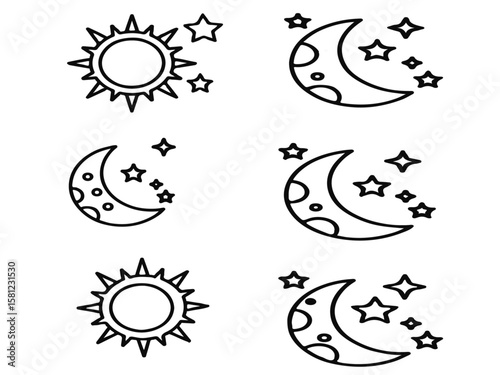 Sun and night moon with stars editable stroke outline icons set isolated on white background flat vector illustration 