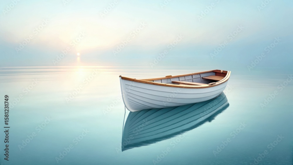 Naklejka premium Serene sunrise: Small white rowboat on calm, turquoise water, peaceful reflection.