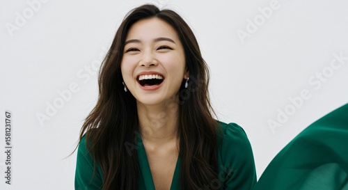 Radiant Portrait of Asian Woman Laughing in Emerald Green Dress with Diamond Earrings