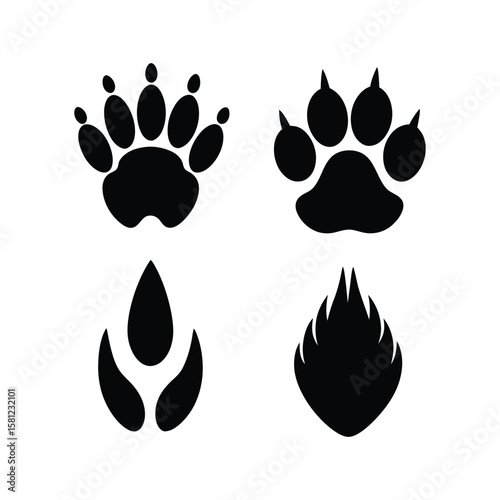 Collection of black animal paw prints and footprints on white background