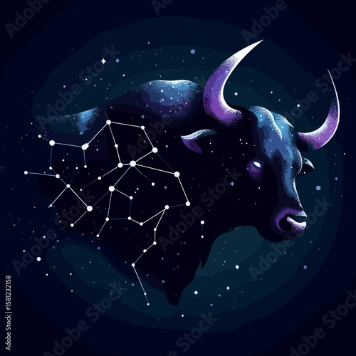 Cosmic Taurus zodiac illustration with constellations mapped on a celestial bull's body against a starry night sky for astrology art and stellar symbolism of grounded strength