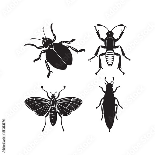 Collection of four insect silhouettes featuring beetle and praying mantis