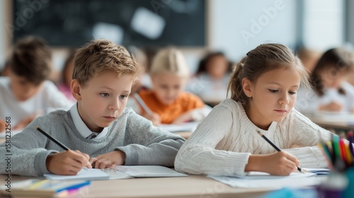 Focused schoolchildren writing in notebook during lesson at school