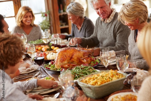 Family enjoys a Thanksgiving dinner with roasted turkey and side dishes.