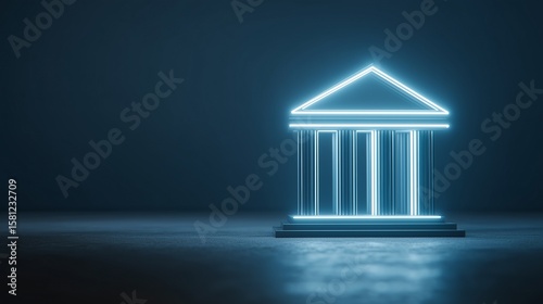 Glowing blue digital bank icon on blue background with mock up place. Online banking and transaction concept. 3D Rendering.