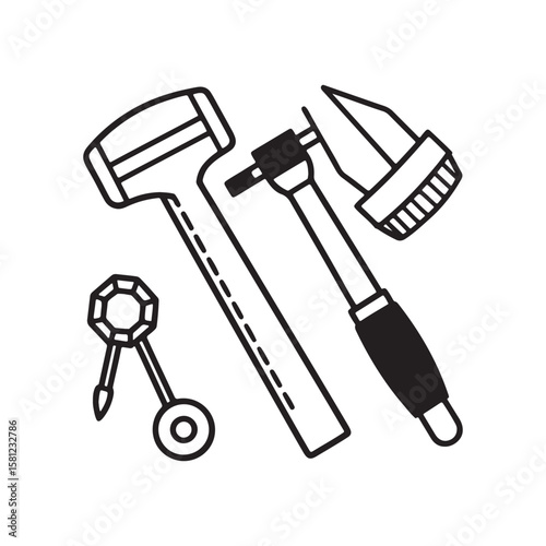 Collection of four classic hand tools hammer wrench and screwdriver