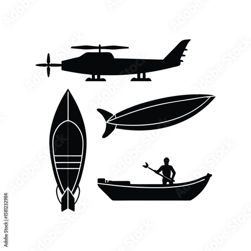 Collection of four silhouette watercrafts for nautical themes