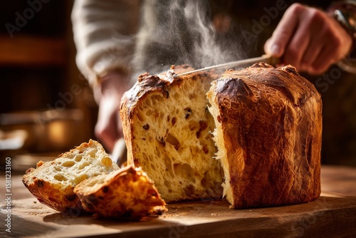 A person skillfully slices a warm, golden panettone, showcasing its delicious texture.