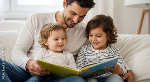 Father reads a book to his two young children, sharing a moment of joy.
