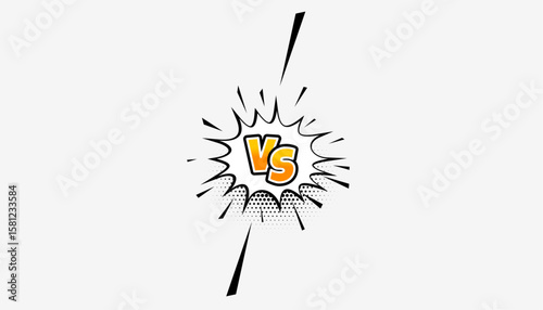 Versus comic book style text with explosion and halftone dots on white background