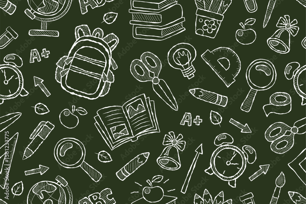 Chalkboard doodle back to school seamless pattern. Repeating educational background with backpack, books, magnifying glass and other school supplies. Green background with white chalk elements.
