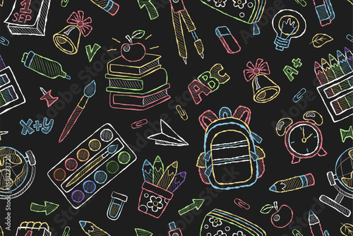 Chalk doodle back to school seamless pattern. Repeating background with school and creative supplies. Paints, backpack, books, stationery and school supplies. Black background with color elements.