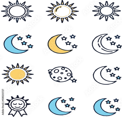 Sun and night moon with stars editable stroke outline icons set isolated on white background flat vector illustration 