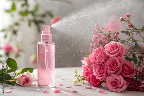 Pink rose water spray bottle misting with fresh pink roses and petals isolated on white background