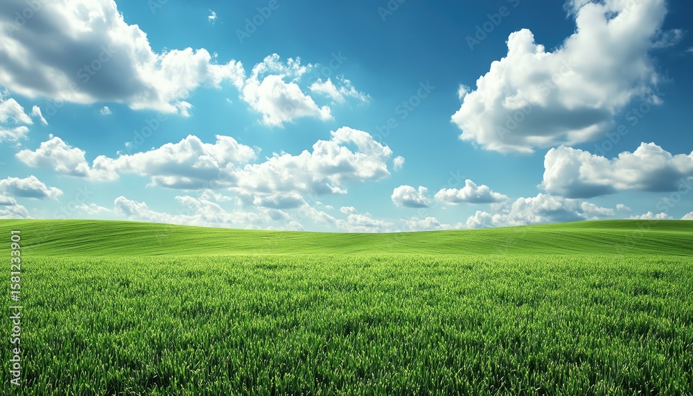 Obraz premium A Panoramic landscape of a serene green field under a vast sky, evoking peace and tranquility