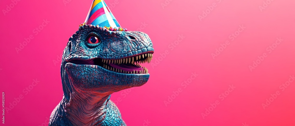 Obraz premium A playful depiction of a dinosaur wearing a party hat against a vibrant pink background