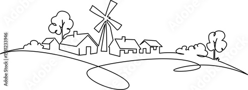Landscape with village houses and windmill on hill. Continuous one line drawing.