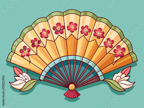 vector of A delicate folding fan mockup with a beautiful Japanese design on a pastel background.