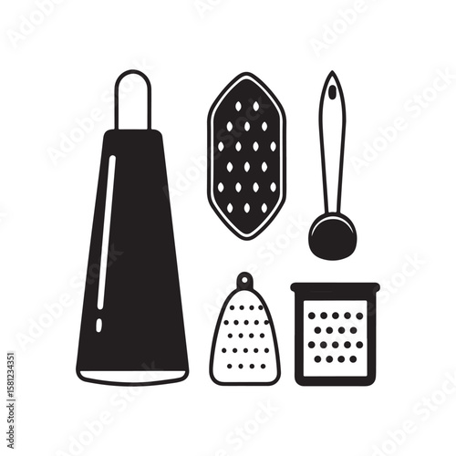Collection of four kitchen utensil silhouettes including a grater and cutting board