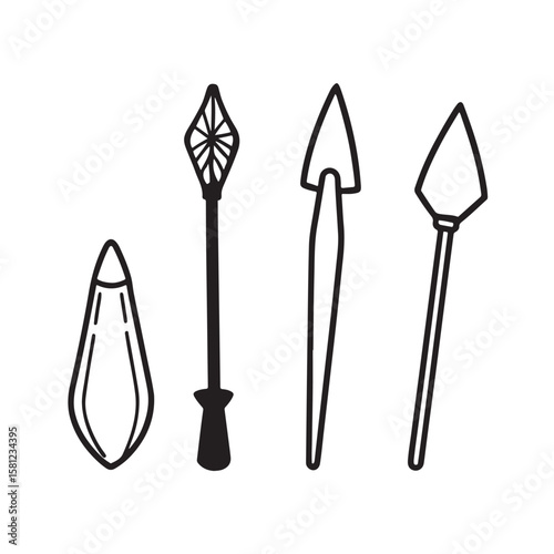 Collection of four distinct ancient stone and flint tools in silhouette