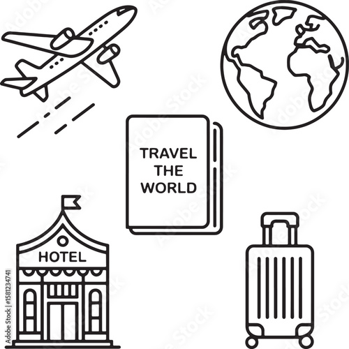 Airplane globe hotel passport luggage travel icons vector