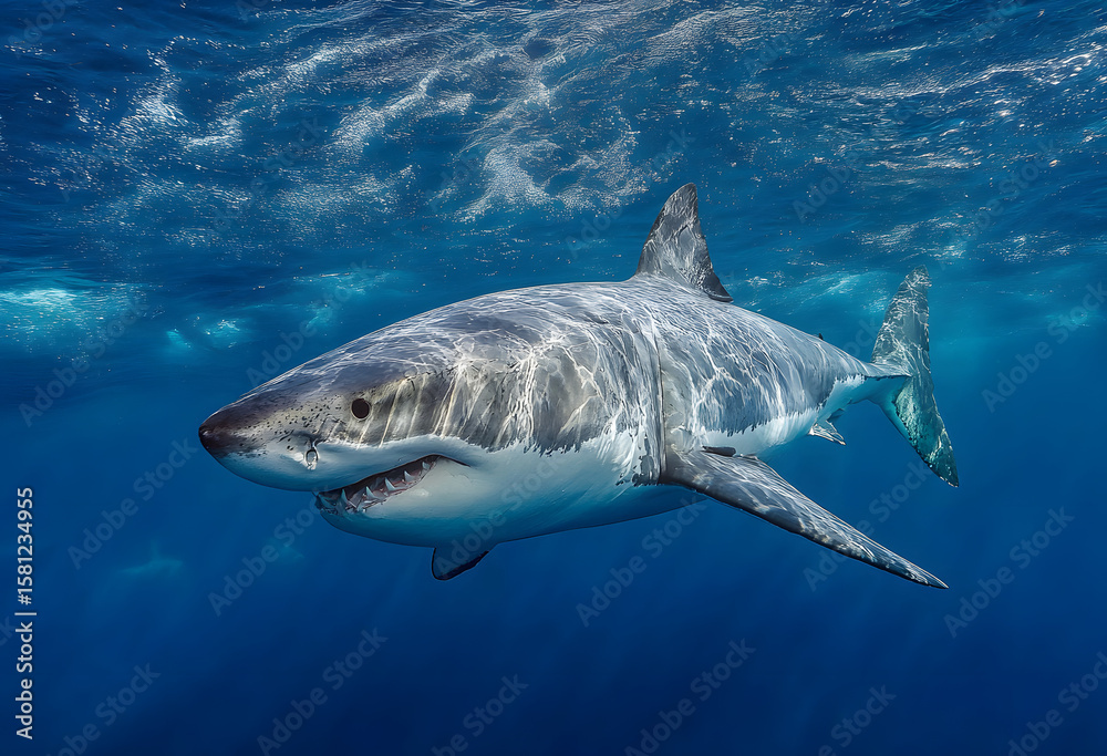 Naklejka premium Great white shark in deep blue water.