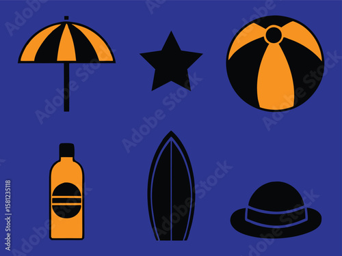Vibrant Beach Vacation Icons Umbrella, Sunscreen, Surfboard for Summer Fun