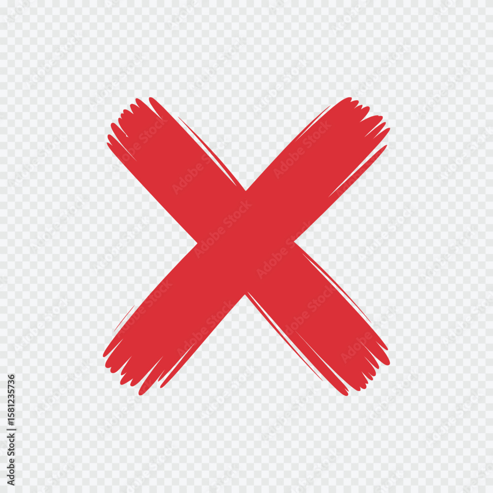 Fototapeta premium Red hand-drawn brush stroke cross mark symbol isolated on transparent background for error, cancel, or wrong indication in design