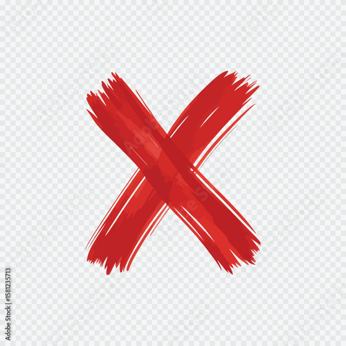 Red hand-drawn brush stroke cross mark symbol isolated on transparent background for error, cancel, or wrong indication in design

