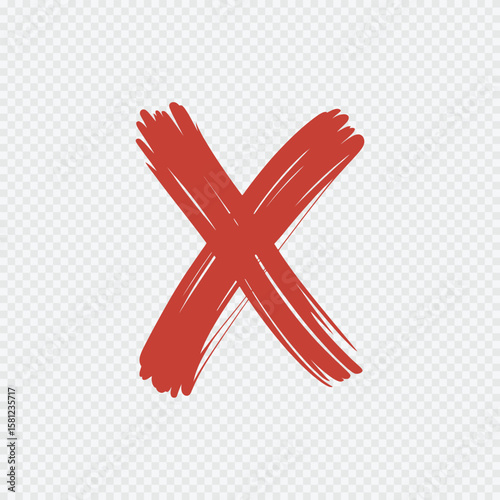 Red hand-drawn brush stroke cross mark symbol isolated on transparent background for error, cancel, or wrong indication in design

