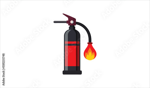 Fire extinguisher with a flame at the nozzle on a white background