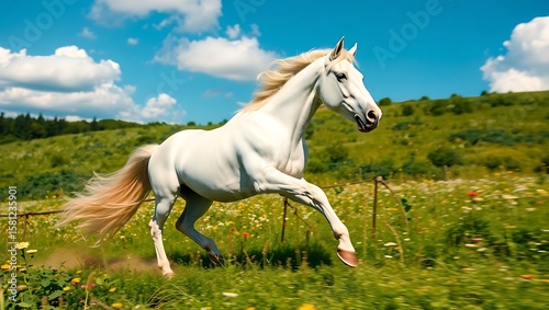 A white horse galloping through a green field under a blue sky with fluffy white clouds today