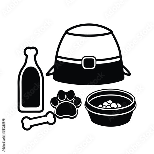 Collection of pet essentials silhouettes including food bowl and leash
