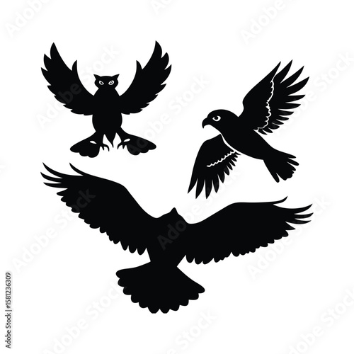 Three black silhouette birds in flight with wings spread on a white background