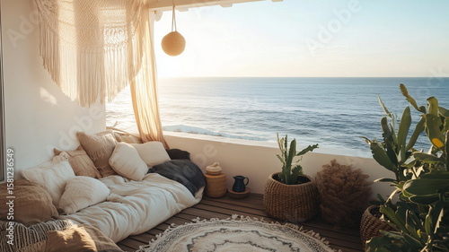 Serene Boho Balcony with Ocean View – Morning Light and Soft Decor Elements