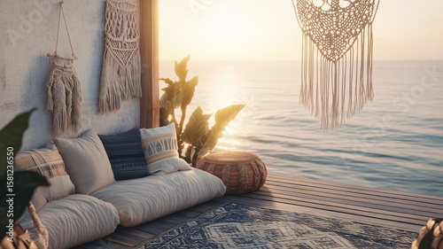 Cozy Oceanfront Nook with Boho Cushions and Hanging Macrame Decor