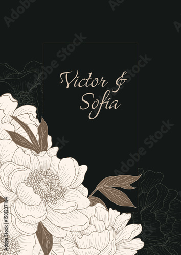 Elegant Peony Greeting Card on the  Dark background  – Vector Illustration.  Perfect for wedding invitations, birthday cards, romantic messages, or seasonal greetings. Ideal for stylish and luxurious 