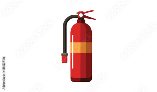 Red fire extinguisher with black hose and orange band on white background