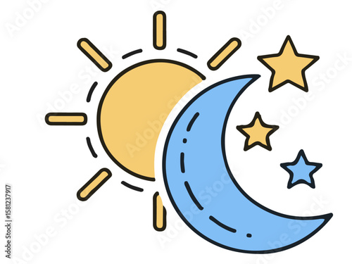 Sun and night moon with stars editable stroke outline icons set isolated on white background flat vector illustration 