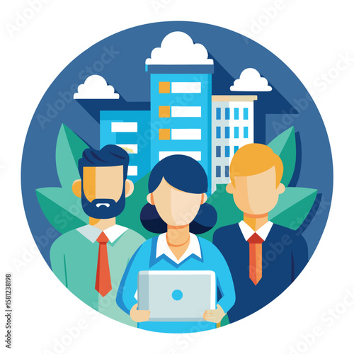 Team of professionals standing together with buildings and leaf element in circle shape