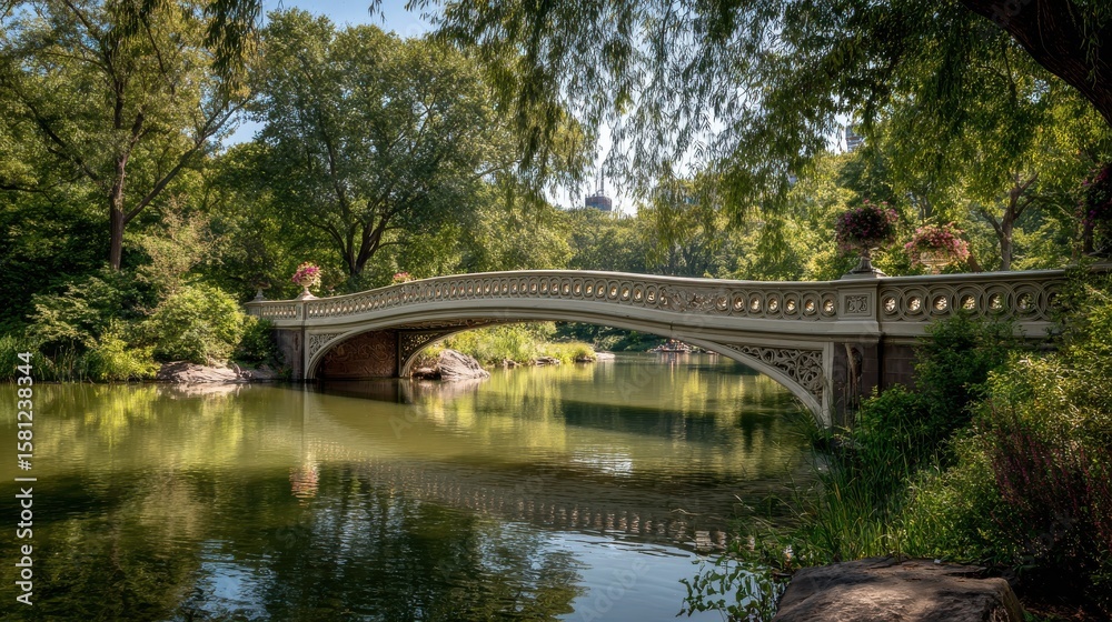 Fototapeta premium Central Park, New York City The Bow Bridge. is a cast iron bridge located in Central Park, New York City, crossing over The Lake and used as a pedestrian walkway,, no logos, no brands